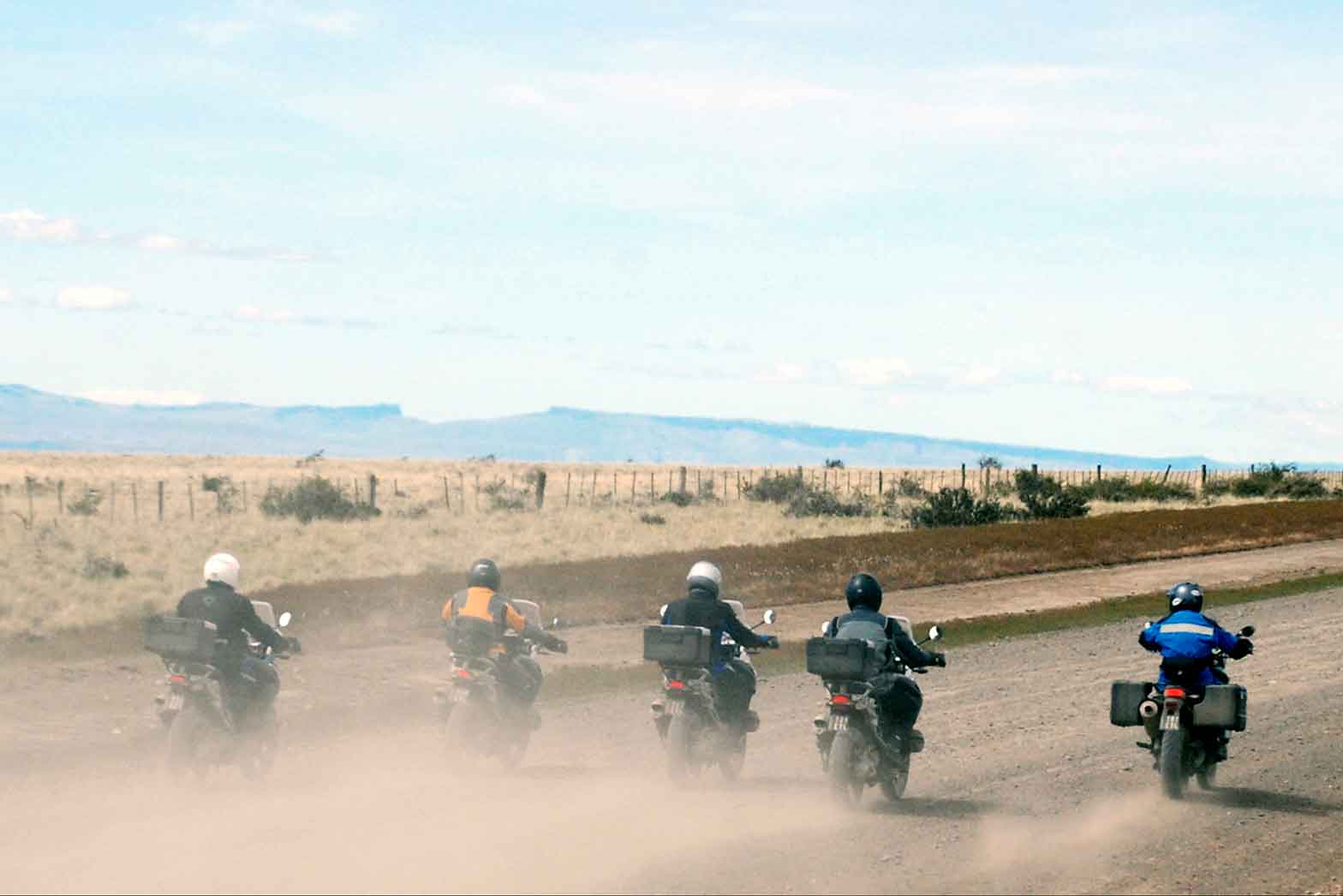 Five riders leaving Patagonia
